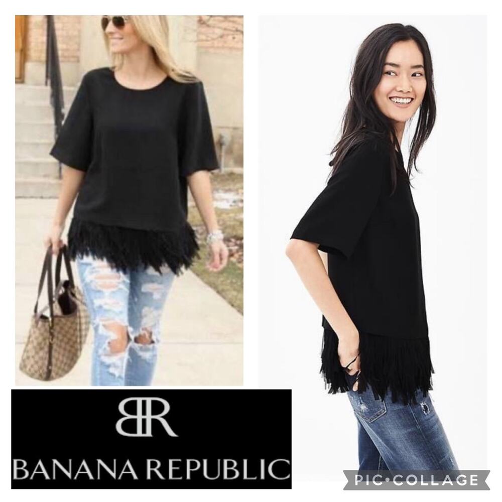 NWT Banana Republic CREPE FRINGE short sleeved black top size small